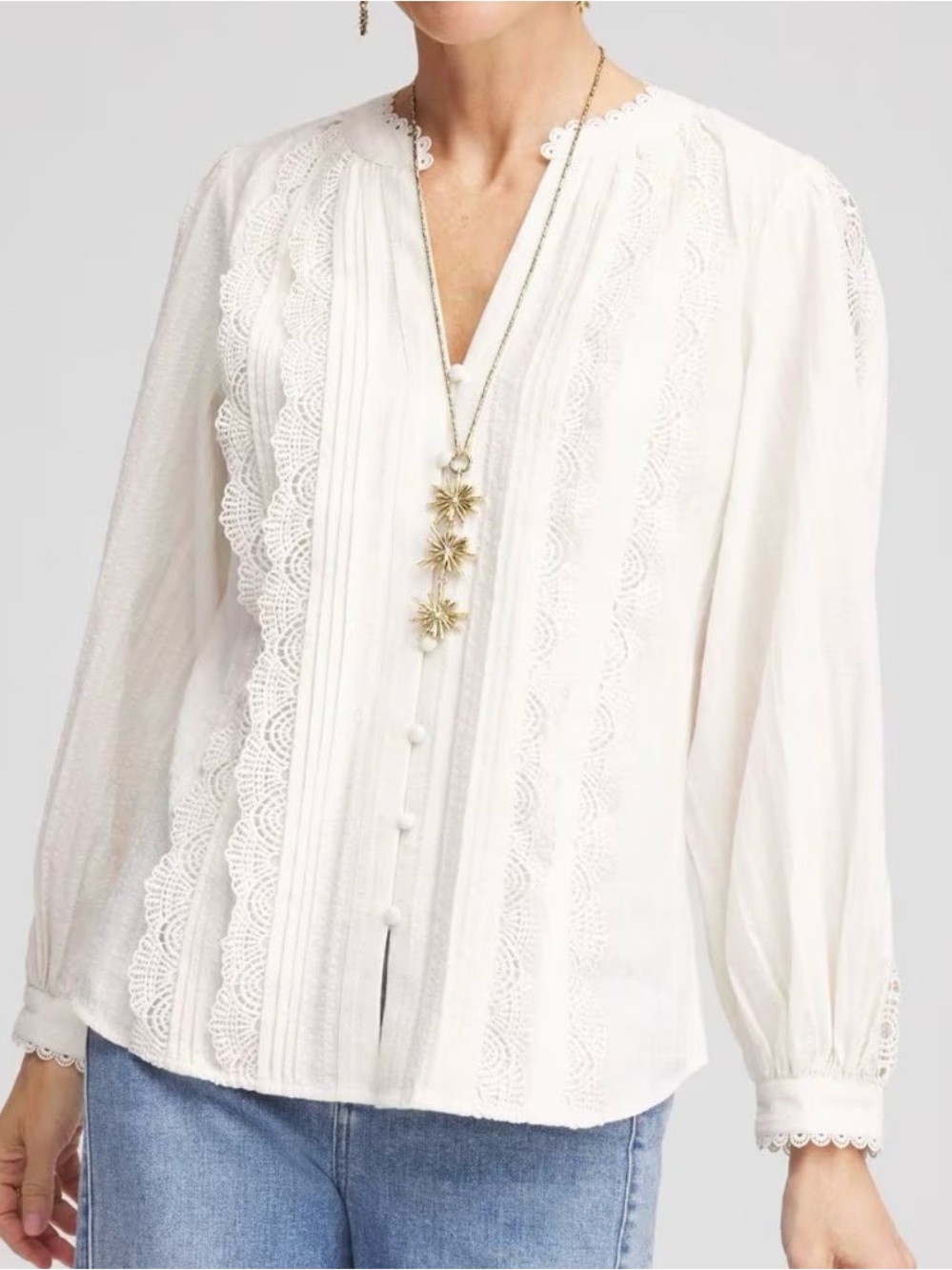 Chico's Ivory Lace-Trim Button Front Blouse (Chico’s size 4) NWOT.